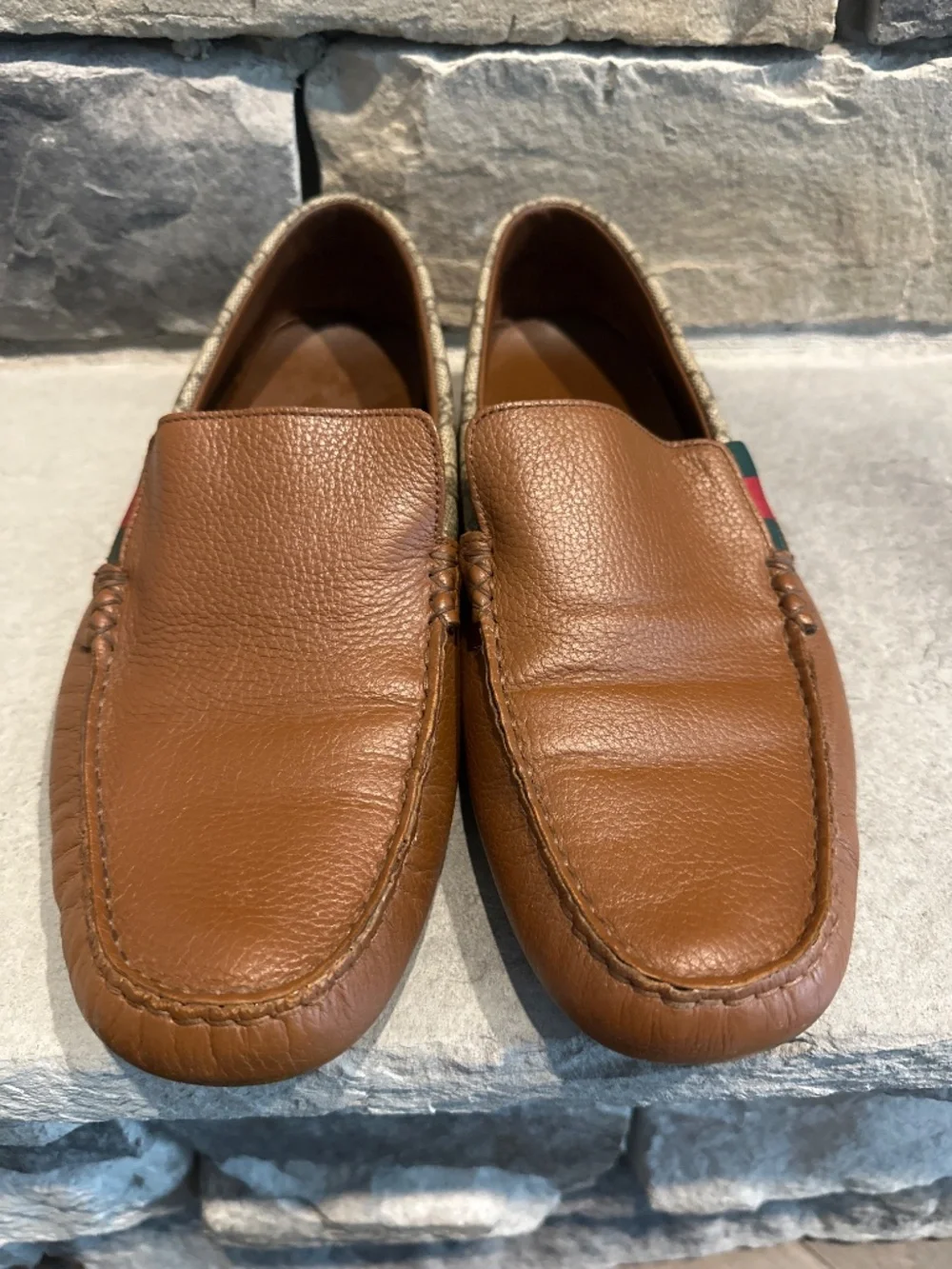 Authentic Gucci Men’s Brown Leather GG Supreme Web Driving Loafers Moccasin sz10